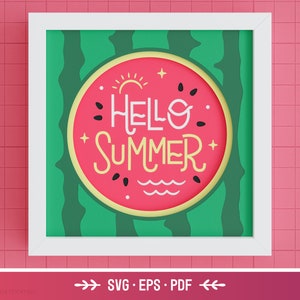 May include: A white framed illustration of a watermelon with the text "Hello Summer" in a yellow and white font. The watermelon is red with black seeds and a green rind. The background is green with white stripes.