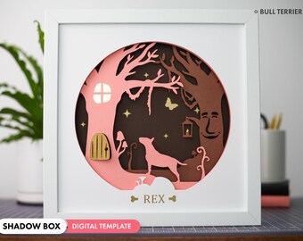 3D Bull Terrier Shadowbox SVG - Arte de papel en capas, Memorial de mascotas, archivos de perros personalizados para Cricut y silueta con instrucciones sencillas