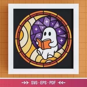 3D Reading Ghost Shadow Box SVG – Layered Paper Ghost for Cricut & Silhouette, Cute Stained Glass Halloween Wall Art