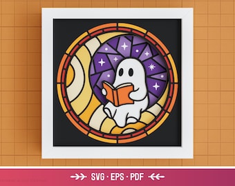Caja de sombras 3D con fantasma leyendo SVG: fantasma de papel en capas para Cricut y Silhouette, adorable vitral para Halloween
