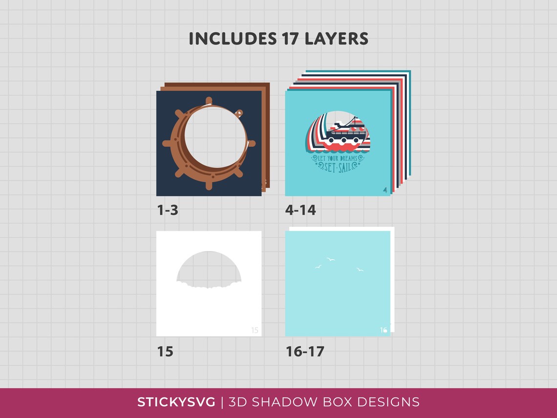 3D Nautical Shadow Box SVG - Set Sail SVG, Layered Paper Art, Ocean ...