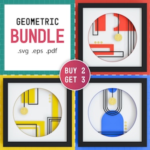Pode incluir: Um conjunto de quatro desenhos geométricos em preto, branco, vermelho, azul e amarelo. Cada desenho é emoldurado em uma moldura preta com uma borda colorida. Os desenhos apresentam círculos, linhas e formas geométricas. O texto "GEOMETRIC BUNDLE .svg .eps .pdf" é exibido acima dos desenhos. O texto "BUY 2 GET 3" é exibido em um círculo vermelho abaixo dos desenhos.