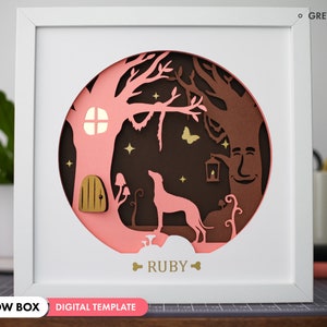 3D Greyhound Shadow Box SVG - Gelaagde papierkunst, huisdiermonument, gepersonaliseerde hondenbestanden voor Cricut en silhouet met eenvoudige instructies