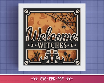 Caja de sombras 3D de bienvenida de Halloween SVG: plantilla de corte de papel en capas para Cricut y Silhouette, caja de luz de brujas de bienvenida en capas