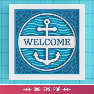 May include: A white frame with a blue and white circle inside. The circle has a white anchor and the word "WELCOME" in white letters. The frame is on a blue background.
