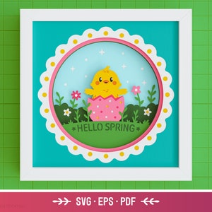 3D Hello Spring Shadow Box SVG - Baby Chick SVG, Páscoa, ovo, flores, arte em papel em camadas, arquivos de primavera para Cricut com instruções fáceis