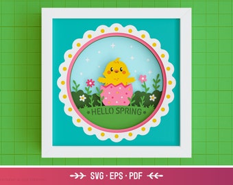 3D Hello Spring Shadow Box SVG - Baby Chick SVG, Easter, Egg, Flowers, Layered Paper Art, Spring Files for Cricut with Easy Instructions