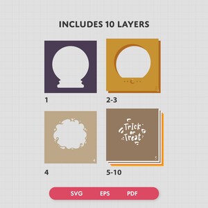 May include: A digital design file for a Halloween-themed layered paper craft project. The design includes a spooky crystal ball, a moon, and the text "Trick or Treat". The design is available in SVG, EPS, and PDF formats.