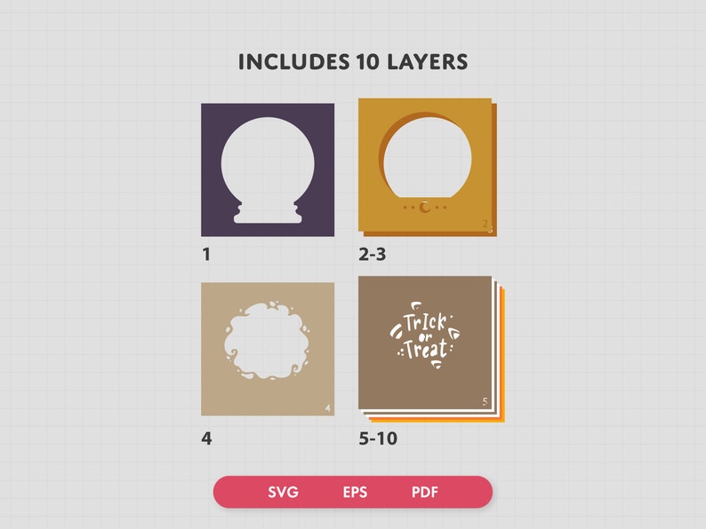 May include: A digital design file for a Halloween-themed layered paper craft project. The design includes a spooky crystal ball, a moon, and the text "Trick or Treat". The design is available in SVG, EPS, and PDF formats.