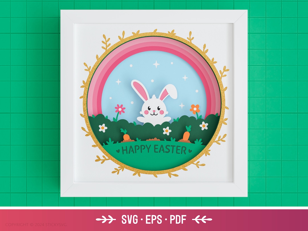 3D Happy Easter Shadow Box SVG - Easter Bunny SVG, Rainbow, Flowers ...