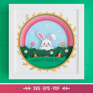 Joyeuses Pâques 3D Shadow Box SVG - Lapin de Pâques SVG, arc-en-ciel, fleurs, couches d'art en papier, fichiers de printemps pour Cricut avec des instructions faciles