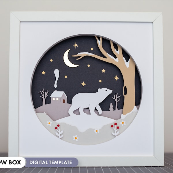 Polar Bear Shadow Box SVG - Layered paper art template, paper cut, arctic, winter, Christmas, cabin, snow, Cricut, Silhouette, light box