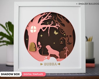3D Engelse Bulldog Shadow Box SVG - Gelaagde papierkunst, huisdiermonument, gepersonaliseerde hondenbestanden voor Cricut en silhouet met eenvoudige instructies