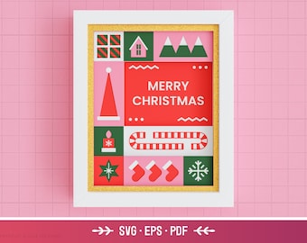 3D Christmas Shadow Box SVG - Feliz Navidad SVG, Geométrico, Bastón de Caramelo, Arte de Papel en Capas, Archivos para Cricut con Instrucciones Sencillas