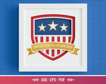 3D America Shield Shadow Box SVG - 4 de julio, Emblema de EE.UU., Día de la Independencia, Decoración de signos patrióticos, Arte de papel en capas, Archivos para Cricut