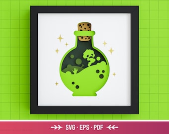 Poison Bottle Shadow Box SVG - Poción, brebaje de bruja, arte de papel en capas, archivos de Halloween para Cricut y silueta con instrucciones sencillas