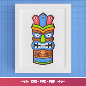 Peut inclure: Une idole tiki colorée avec un visage bleu, des cheveux verts et une couronne rouge et blanche. L'idole est brune et a un fond blanc.
