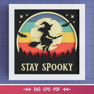 May include: A framed Halloween-themed art piece. The design features a black silhouette of a witch on a broomstick against a colorful sunset backdrop. The words "STAY SPOOKY" are printed below the witch. Bats and stars are also included.