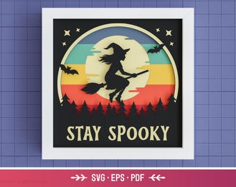3D Halloween Shadow Box SVG – Layered Paper Witch for Cricut & Silhouette, Layered Retro Halloween Wall Art