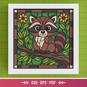 3D Raccoon Shadow Box SVG – Stained Glass Animal Paper Cut Template for Cricut, Layered Woodland Nature Wall Art