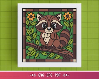 Caja de sombras de mapache 3D SVG: plantilla de corte de papel de vitral con animales para Cricut, arte mural de naturaleza forestal en capas