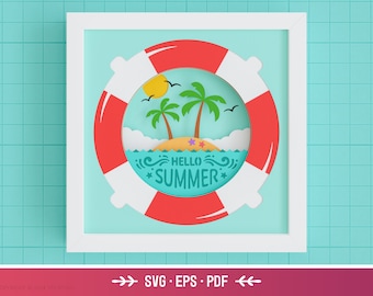 3D Hello Summer Shadow Box SVG - Playa SVG, Arte de papel en capas náuticas, Archivos tropicales para Cricut con instrucciones sencillas