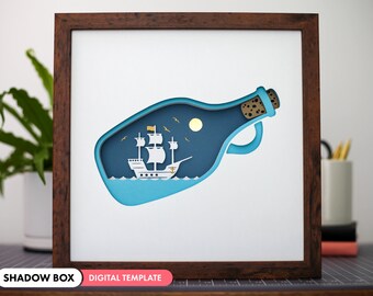 3D Ship in Bottle Shadow Box SVG - Layered Paper Art, Light Box, LED light, Nautical SVG, Boat, Ocean, Nursery Decor, Cricut, Silhouette