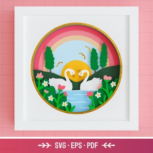 3D Swans Shadow Box SVG - Valentines Day, Wedding SVG, Layered paper art, paper cut, gifts for couples, decor, Cricut, Silhouette, Light Box