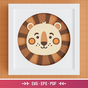 3D Boho Löwe Shadow Box SVG - Kinderzimmer Dekor, Layered Paper Art, Safari SVG, Löwe Gesicht SVG, Dateien für Cricut und Silhouette, einfach