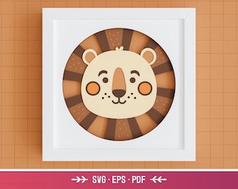 3D Boho Lion Shadow Box SVG - Nursery Decor, Layered Paper Art, Safari SVG, Lion Face SVG, Files for Cricut and Silhouette, Easy