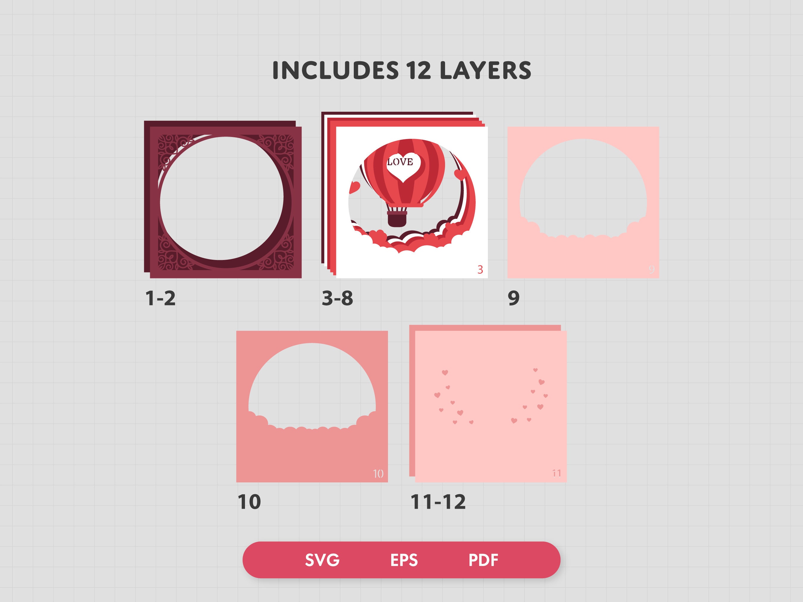 3D Love Balloon Shadow Box SVG - Valentines Day Shadow Box, 3D Heart ...
