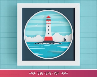 3D Lighthouse Shadow Box SVG - Paisaje náutico, arte de papel en capas, archivos oceánicos para Cricut y silueta con instrucciones sencillas