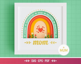 3D Mothers Day Shadow Box SVG - Mom Affirmations, Mum SVG, Layered Paper Art, Boho Rainbow Files for Cricut and Silhouette