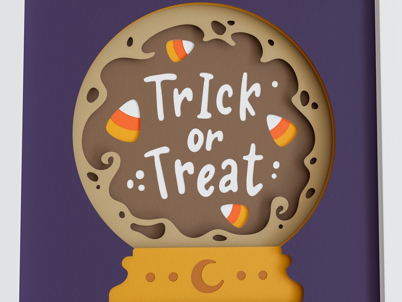 May include: A brown paper cut-out of a crystal ball with the text "Trick or Treat" and candy corn decorations. The background is purple.