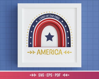 3D America Shadow Box SVG - Boho Rainbow SVG, Independence Day, Patriotic Sign Decor, Fourth of July, Layered Paper Art, Cricut, Silhouette