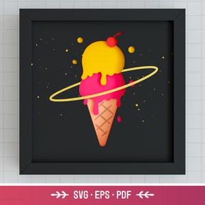 May include: A framed illustration of a yellow and pink ice cream cone with a cherry on top, surrounded by a gold ring, against a black background with white dots.
