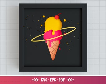 Ice-Cream Shadow Box SVG - Layered paper art template, paper cut, Cricut, Silhouette, summer, space theme, light box, beautiful gift, decor