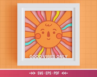 3D Boho Sun Shadow Box SVG - Sólo buenas vibraciones, verano tropical SVG, arte de papel en capas, archivos Mandala para Cricut con instrucciones sencillas