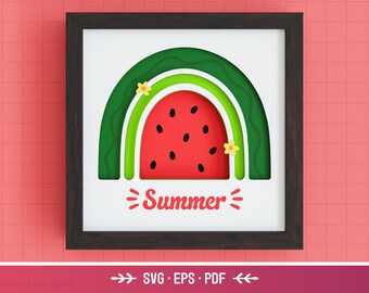 3D Watermelon Rainbow Shadow Box SVG - Boho Rainbow SVG, Summer Shadow Box, Layered Paper Art, Shadow Box Files for Cricut, Easy, Beginner