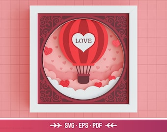 3D Love Balloon Shadow Box SVG - Caja de sombras del Día de San Valentín, Corazón 3D SVG, Arte de papel en capas, Archivos de amor para Cricut con instrucciones sencillas