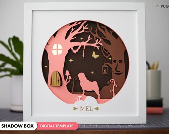 3D Pug Shadowbox SVG - gelaagde papierkunst, huisdiermonument, gepersonaliseerde hondenbestanden voor Cricut en silhouet met eenvoudige instructies