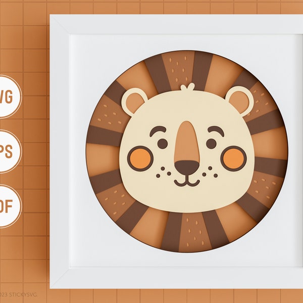 3D Boho Lion Shadow Box SVG - Nursery Decor, Layered Paper Art, Safari SVG, Lion Face SVG, Files for Cricut and Silhouette, Easy