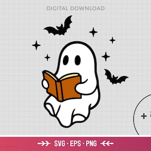 May include: A white cartoon ghost reading a book with an orange cover, surrounded by black bats and stars. The image is a digital download, with SVG, EPS, and PNG file options.