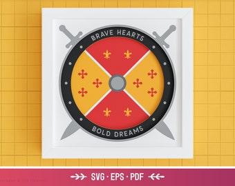 3D Shield Shadow Box SVG - Signo medieval, Espadas SVG, Arte de papel en capas, Archivos de caballero para Cricut y Silueta con instrucciones sencillas