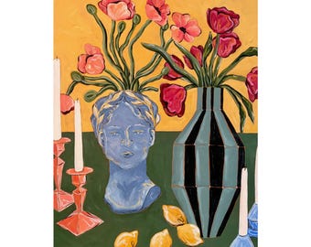 Floral Still Life Matte Vertical Poster | Vase, Candles & Blue Bust
