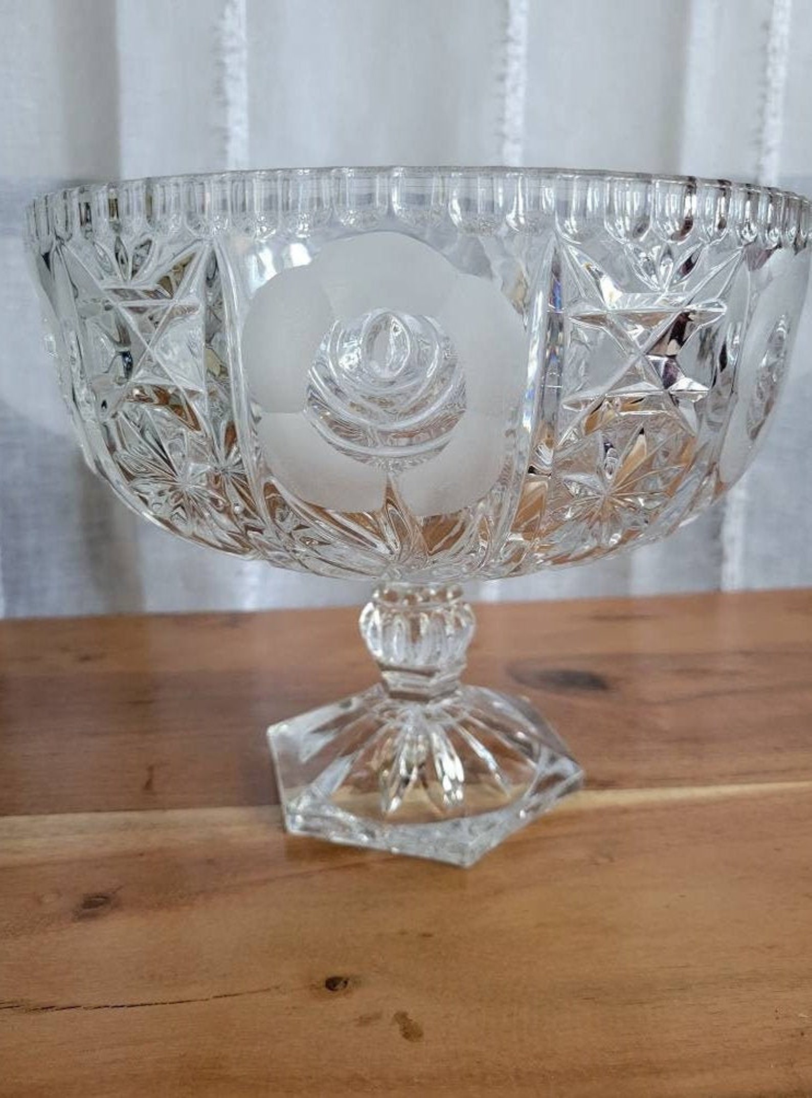 Cut Crystal Pedestal Bowl With Etched Flower Design Etsy