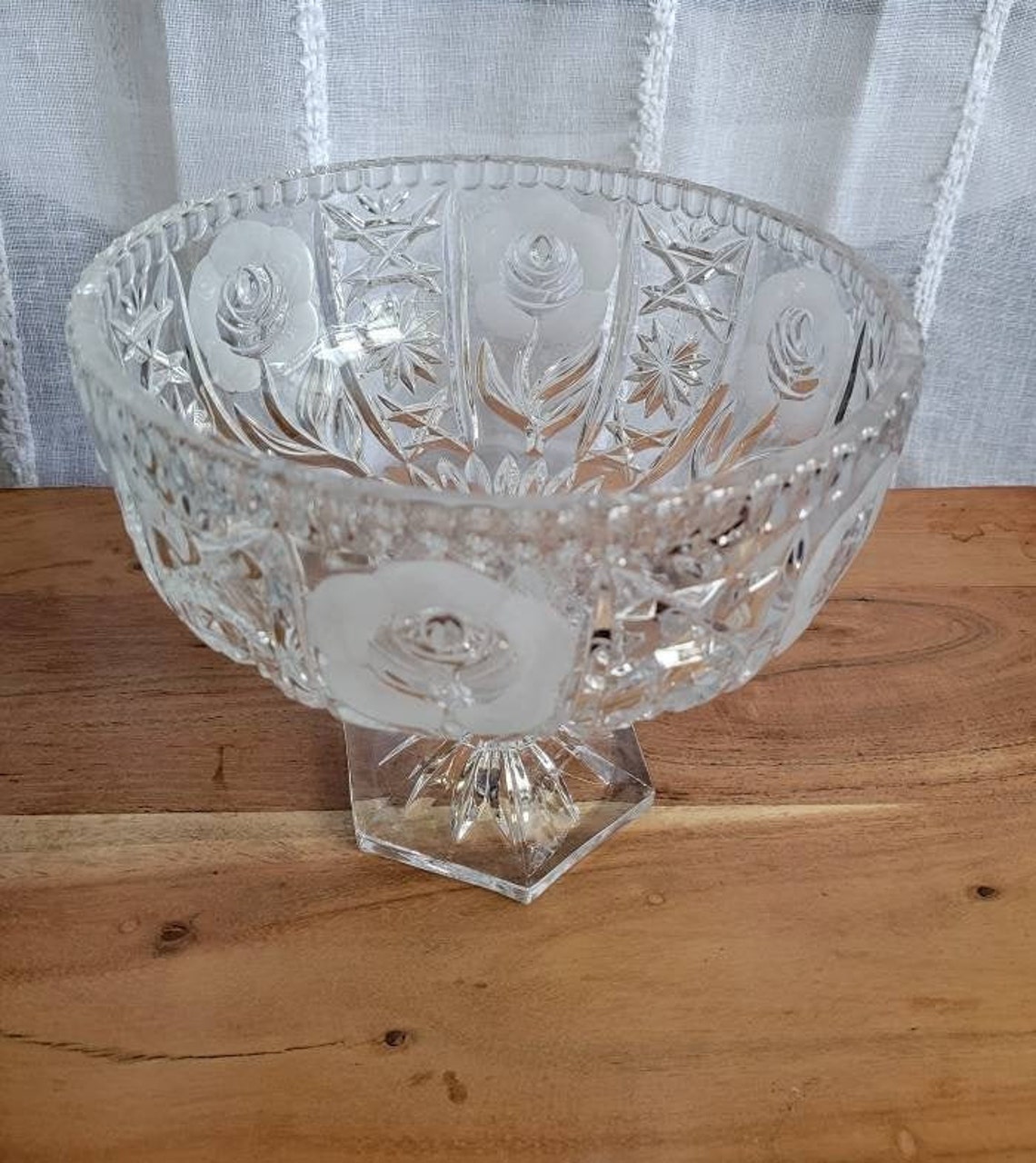 Cut Crystal Pedestal Bowl With Etched Flower Design Etsy