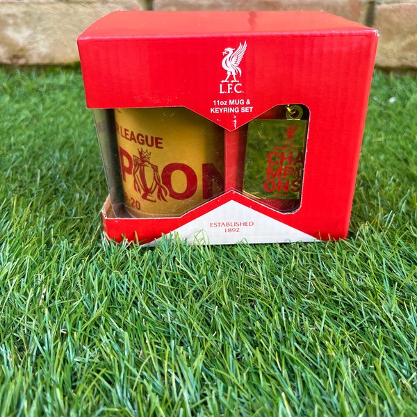 Official Liverpool FC Premier League Champions 19-20 Gold Keyring and Mug Set