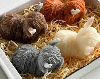 Puede incluir: Una caja blanca con jabones decorativos con forma de vaca escocesa en varios colores: marrón, naranja, gris y blanco. Los jabones están colocados sobre un lecho de material similar a la paja, creando una presentación rústica.