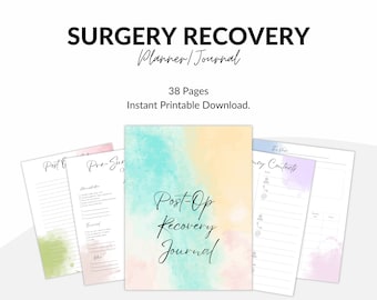 May include: A printable surgery recovery planner and journal with a watercolor background. The cover features the text "Post-Op Recovery Journal". The journal includes sections for pre-surgery planning, post-surgery recovery, and emergency contacts.